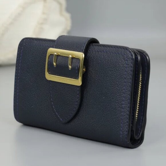 Burberry Navy Blue Leather Buckle Compact Wallet Gold Hardware Auth - Picture 3 of 8
